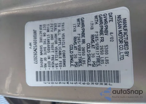 2002 Infiniti Qx4 Luxury z USA, uszkodzony, nr VIN JNRDR09Y52W262077